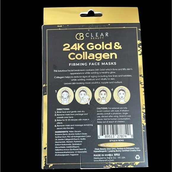 Clair Beauty 24K Gold & Collagen Firming Face Masks Pk of 5 NEW IN BOX - Picture 2 of 2